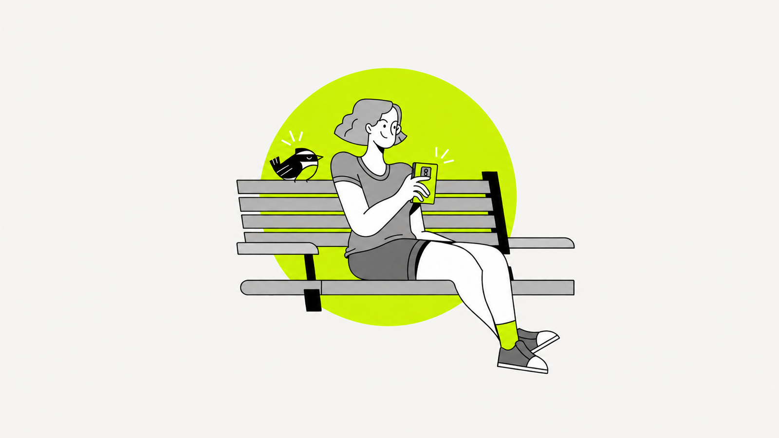 Ilustração de Luciana sentada em um banco usando o celular