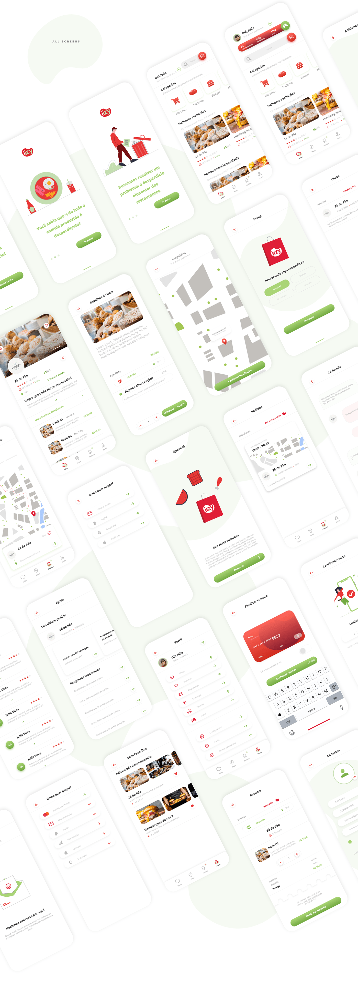 Conjunto de telas da experiência completa do aplicativo iizyfood