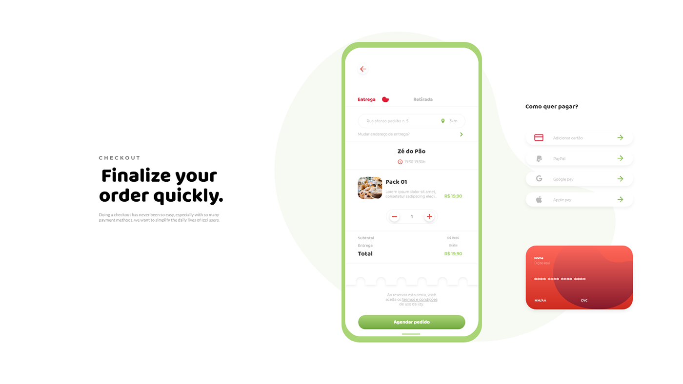 Resumo do pedido e meios de pagamento no aplicativo iizyfood