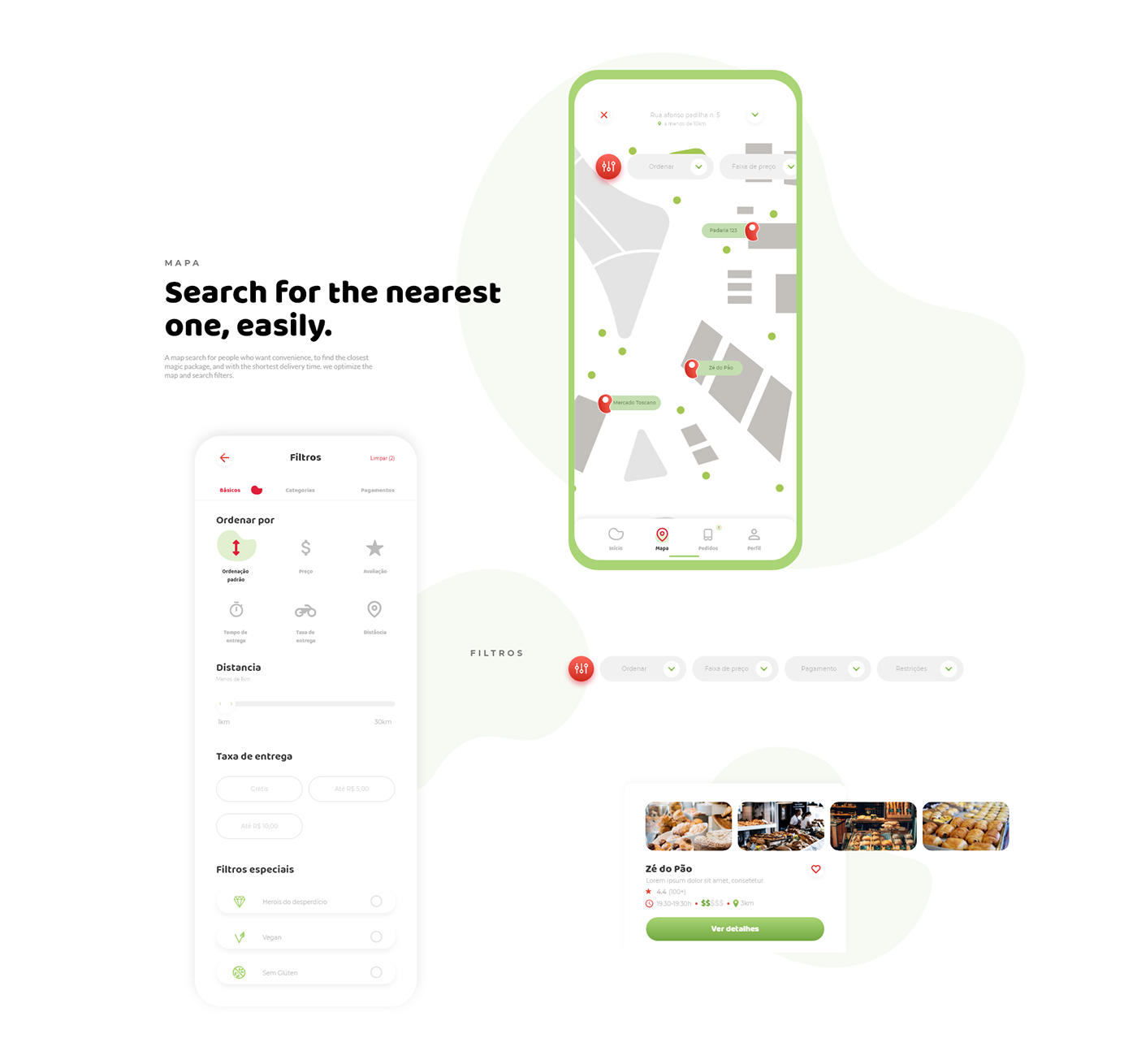 Busca por estabelecimentos próximos no mapa e opções de filtros do iizyfood