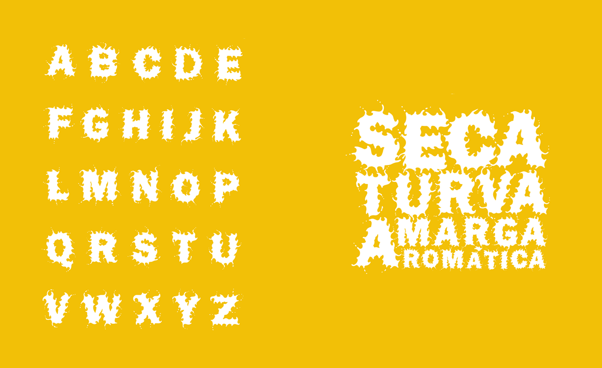 Alfabeto experimental branco e composição tipográfica sobre fundo amarelo